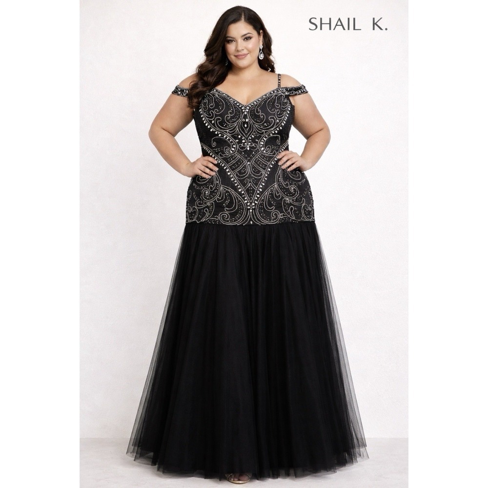 Shail K Beaded Embellished Off Shoulder Maxi Dress Formal Gown Black SZ 24